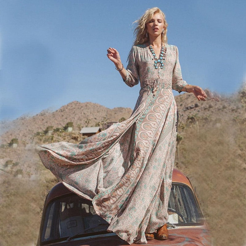 Dames maxi-jurk in boho-stijl met getailleerd lijfje en zwierige rok