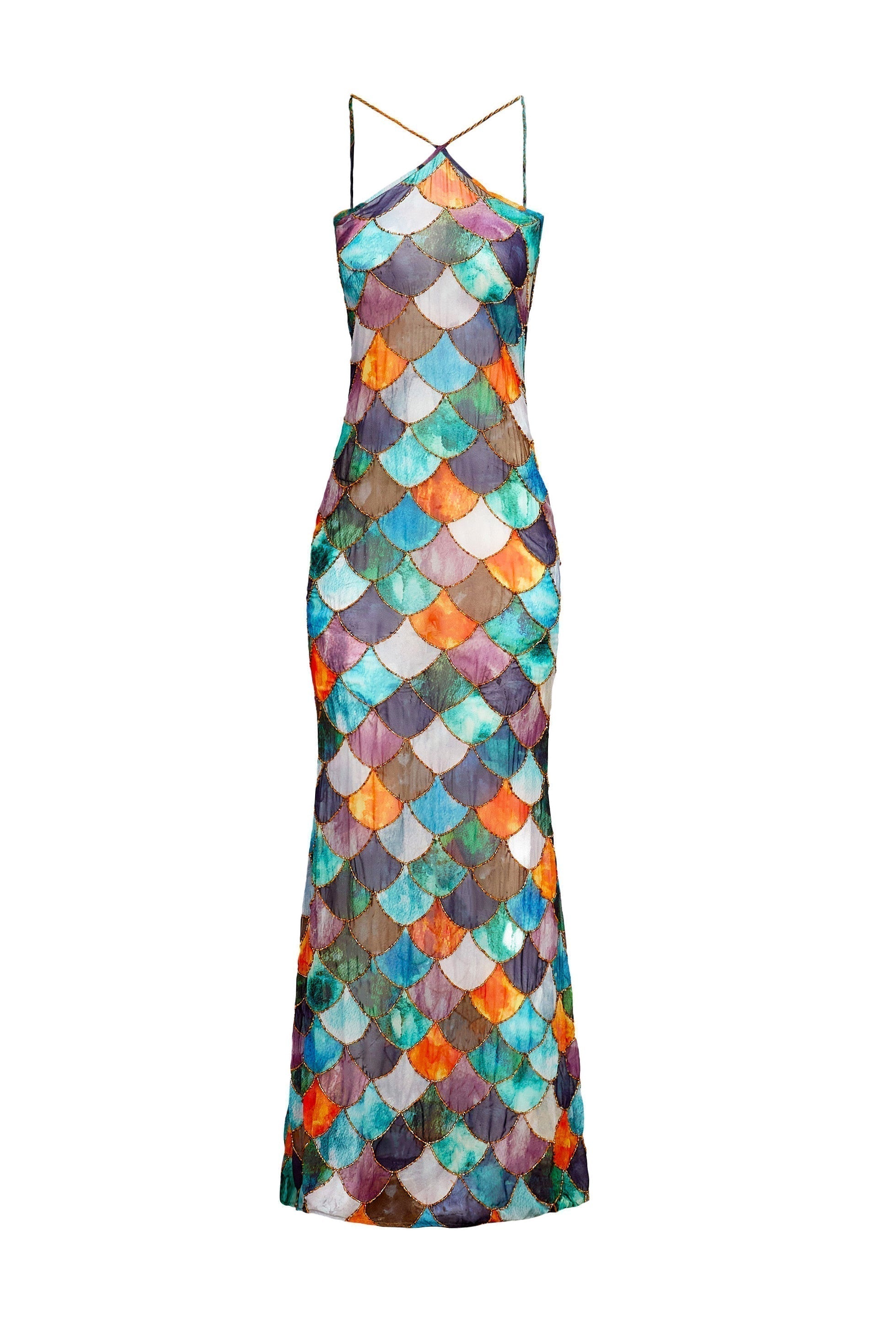 Dames halterjurk met empire taille en handgeschilderde print