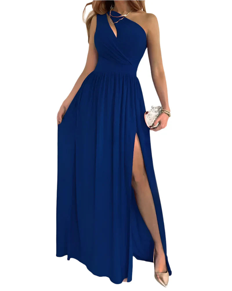 Dames one shoulder maxi-jurk met korsetsluiting op de rug