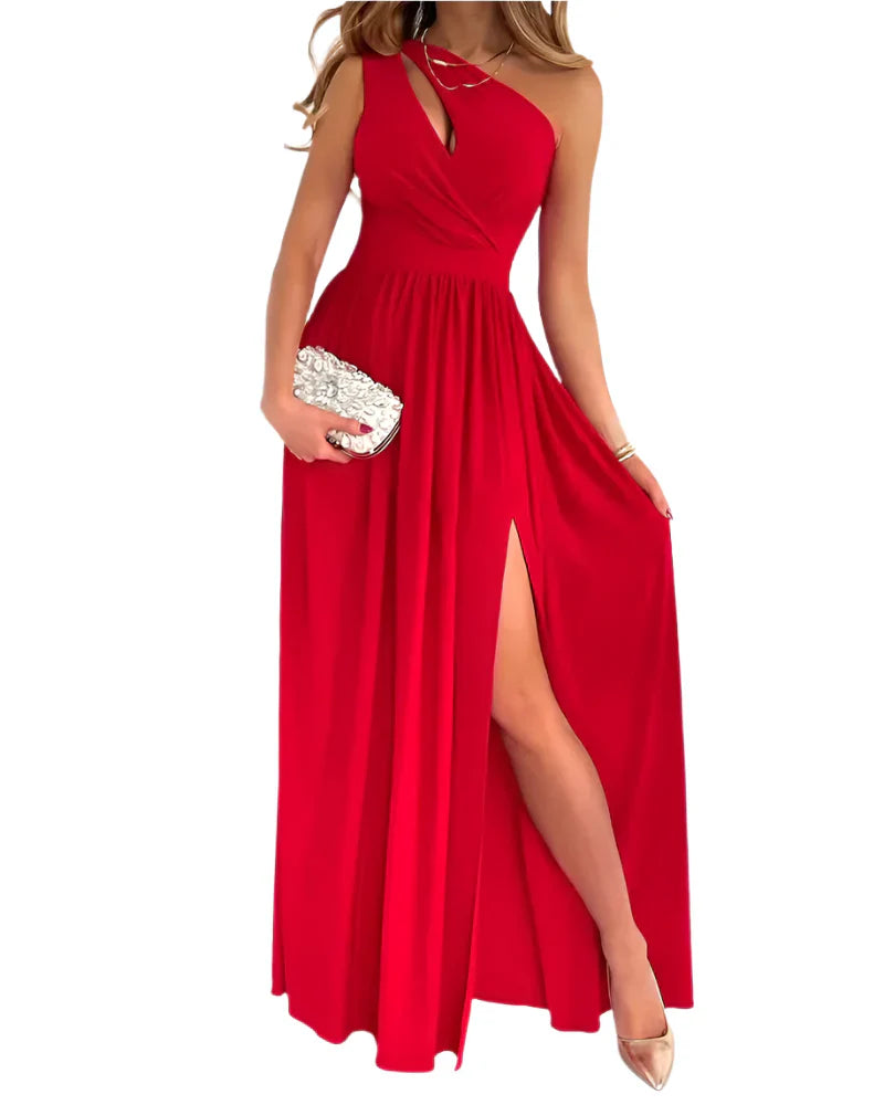 Dames one shoulder maxi-jurk met korsetsluiting op de rug