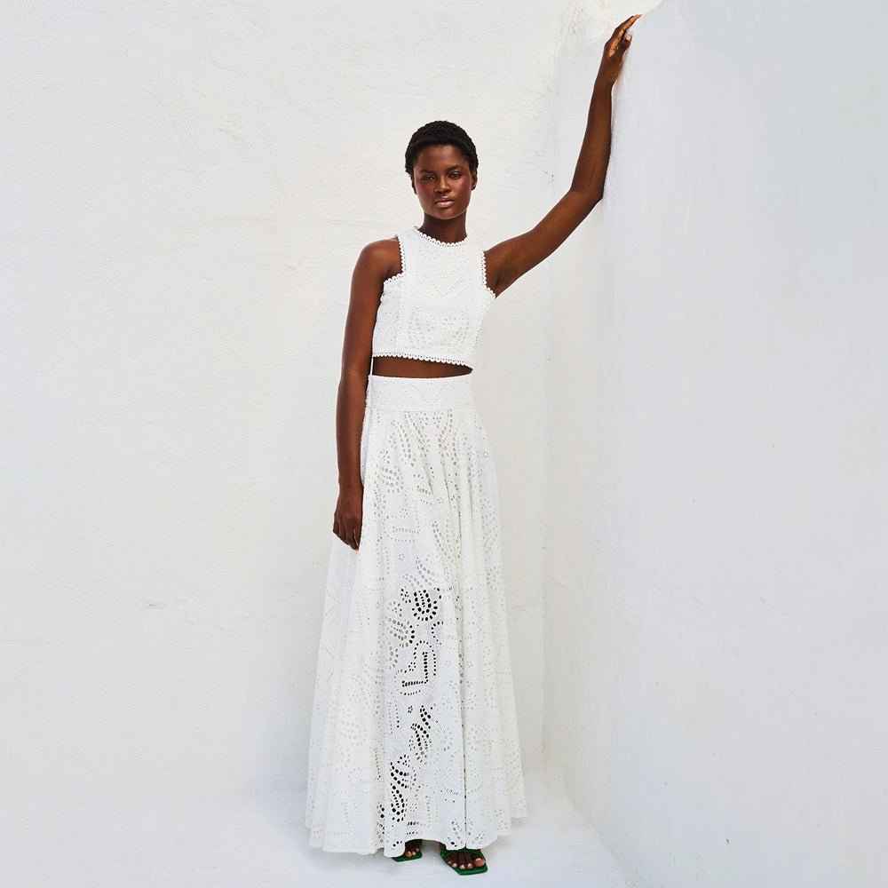 Dames set met geborduurd crop-top en maxirok